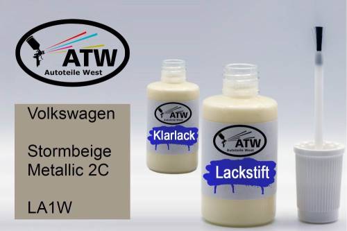 Volkswagen, Stormbeige Metallic 2C, LA1W: 20ml Lackstift + 20ml Klarlack - Set, von ATW Autoteile West.